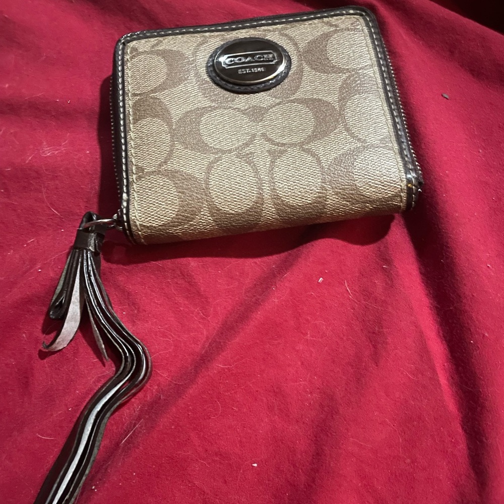 Coach Signature Brown and Tan Zip Wallet